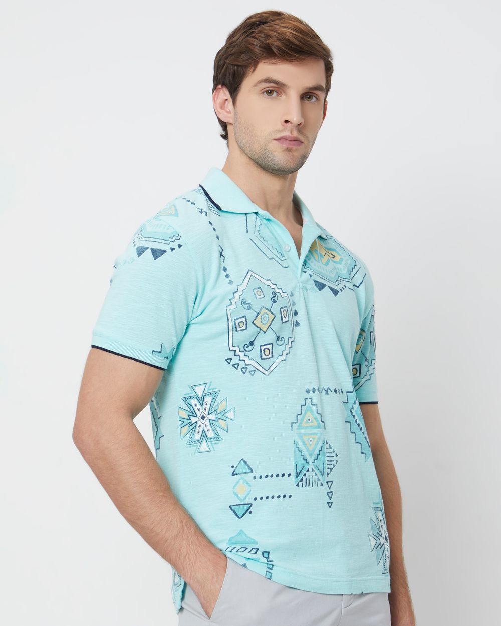 Light Blue Tribal Print Slim Fit Polo T-Shirt