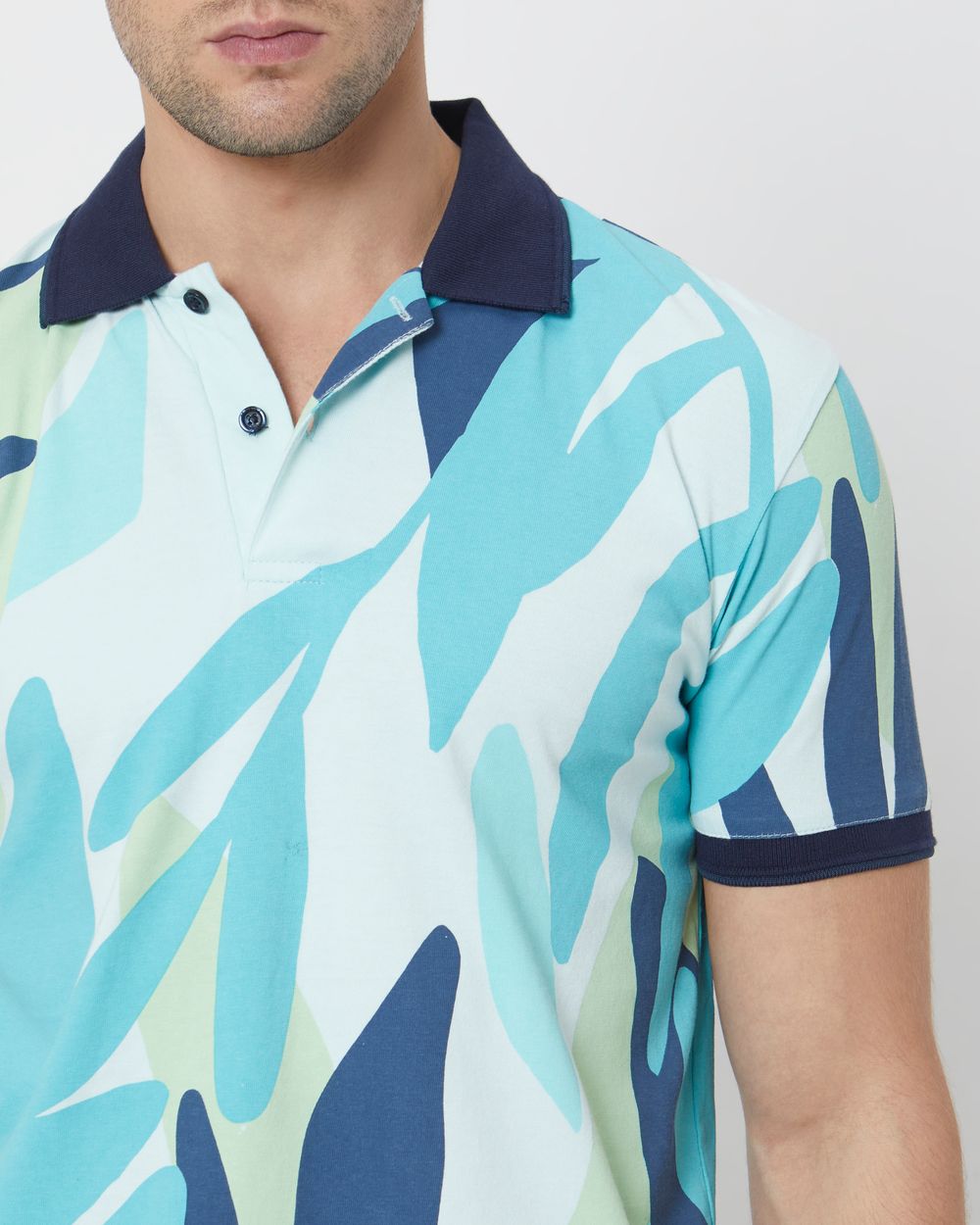 Turquoise Leaf Print Slim Fit Polo T-Shirt