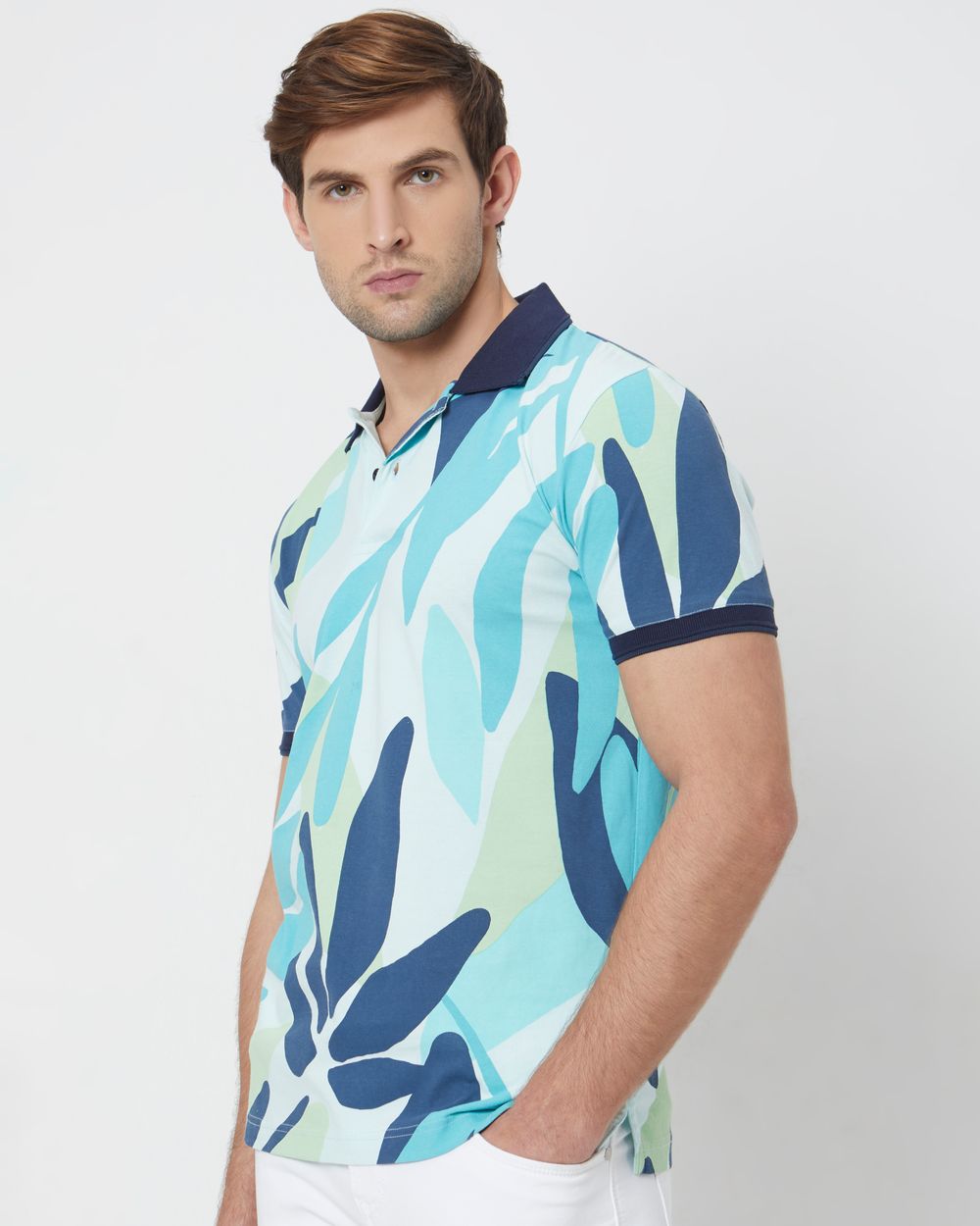 Turquoise Leaf Print Slim Fit Polo T-Shirt