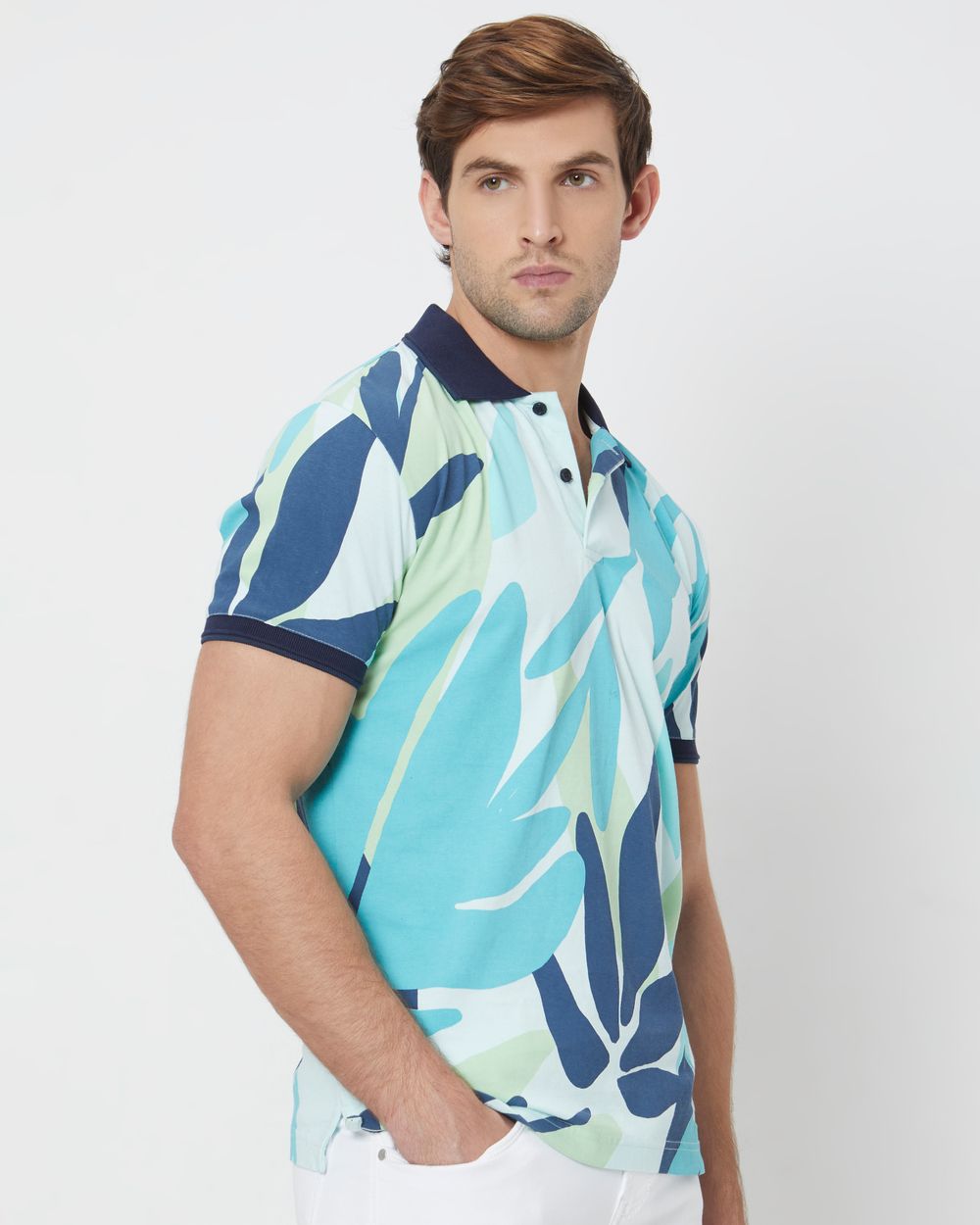 Turquoise Leaf Print Slim Fit Polo T-Shirt
