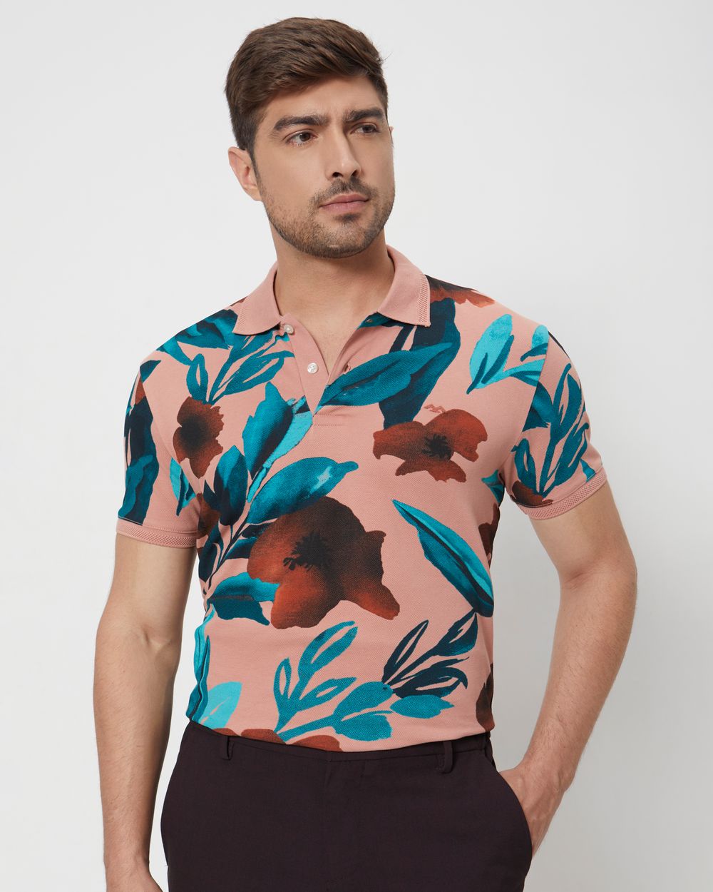 Pink Floral Print Slim Fit Polo T-Shirt
