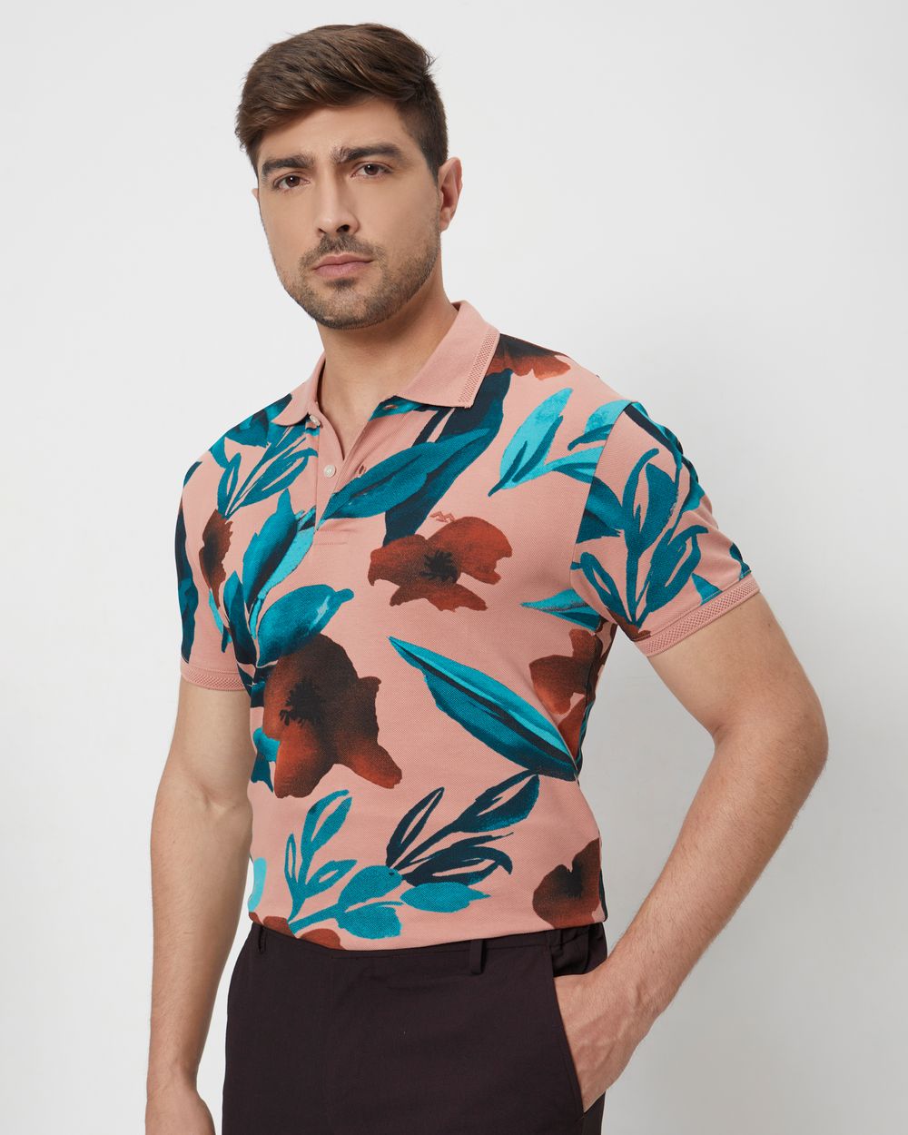Pink Floral Print Slim Fit Polo T-Shirt