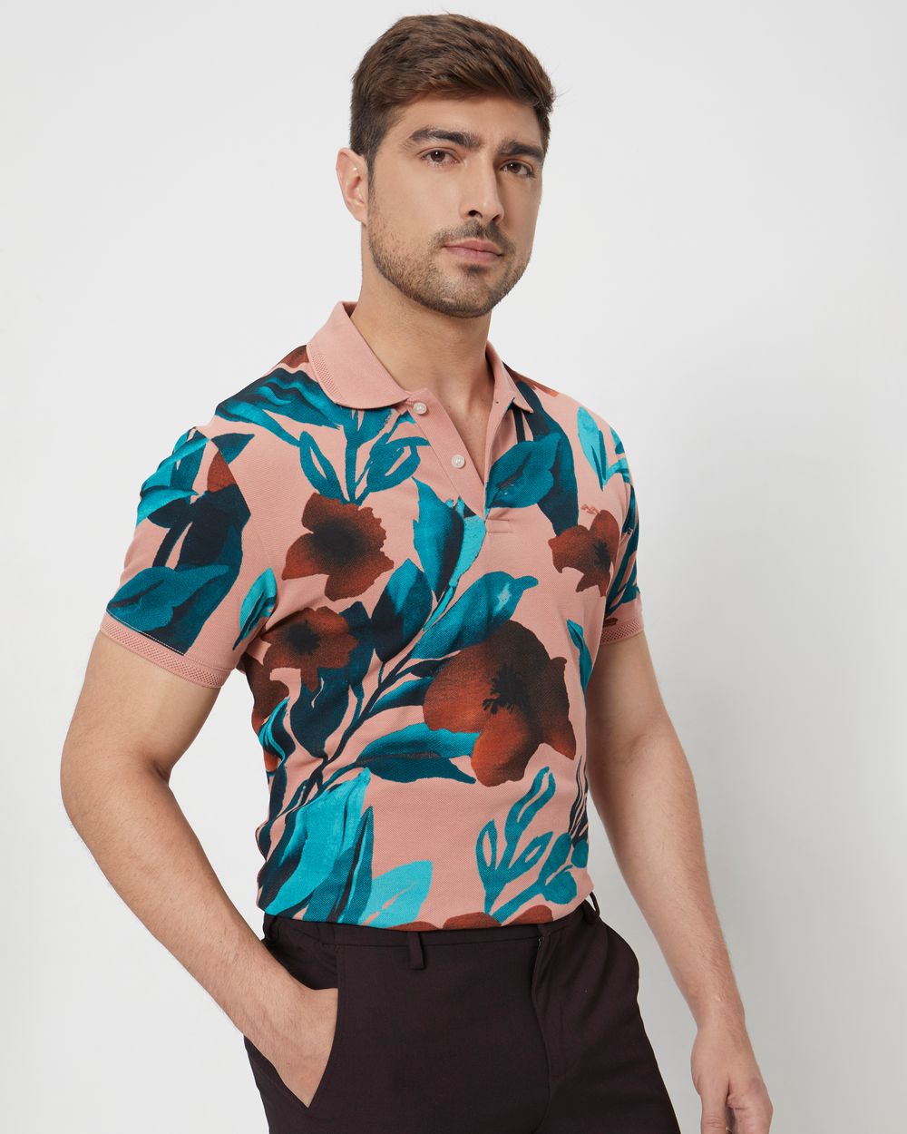 Pink Floral Print Slim Fit Polo T-Shirt