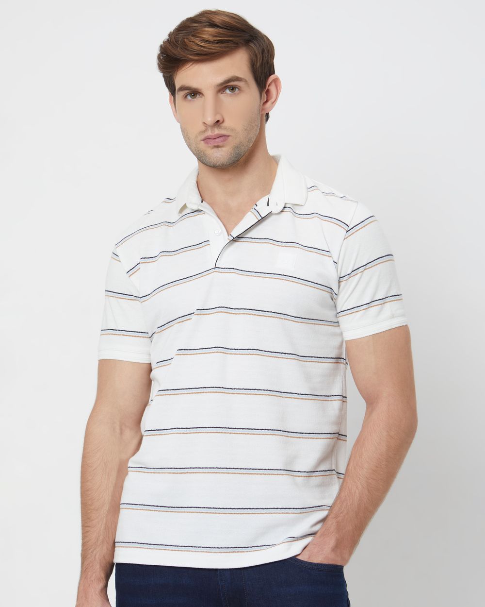 White Textured Stripe Slim Fit Polo T-Shirt
