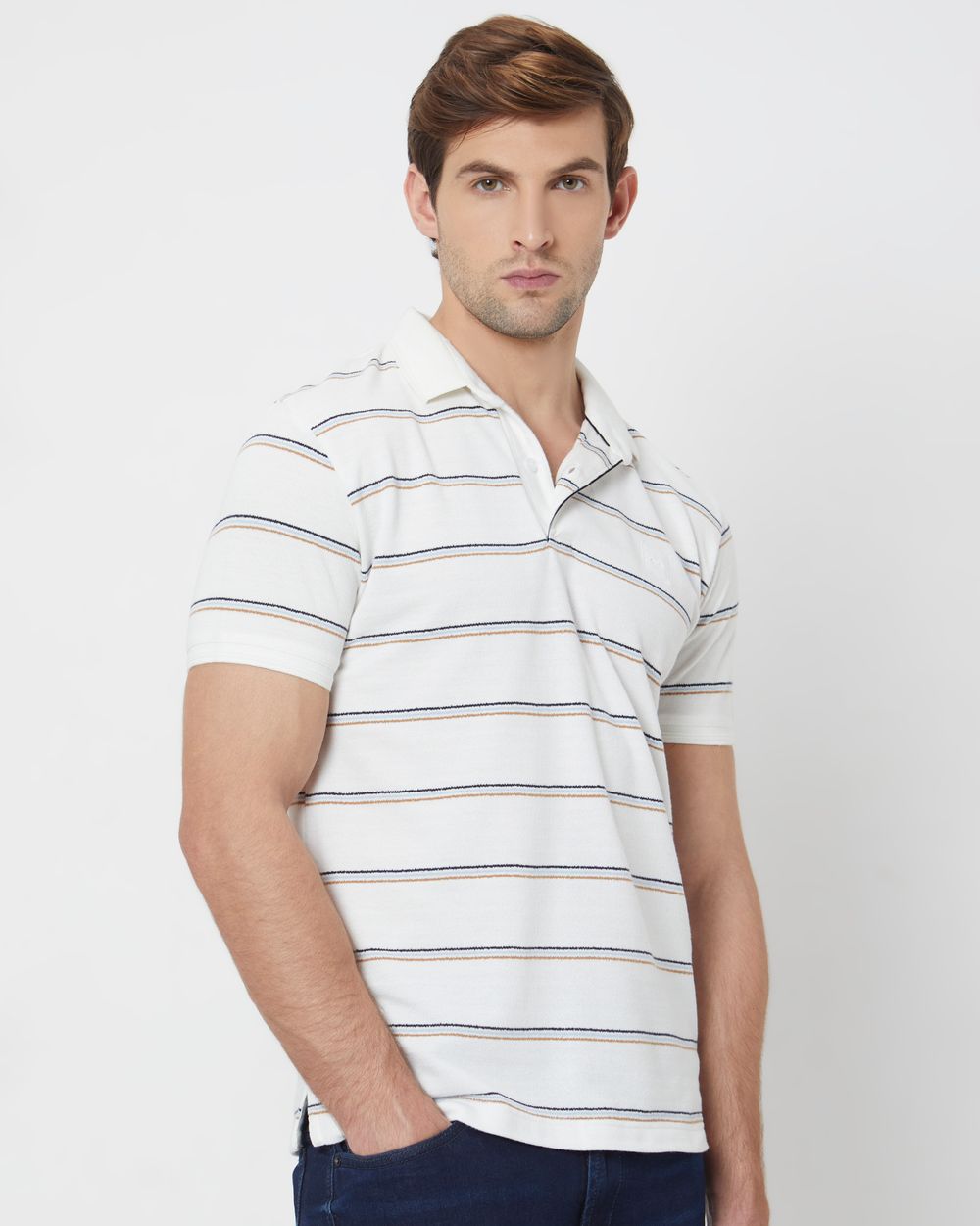 White Textured Stripe Slim Fit Polo T-Shirt