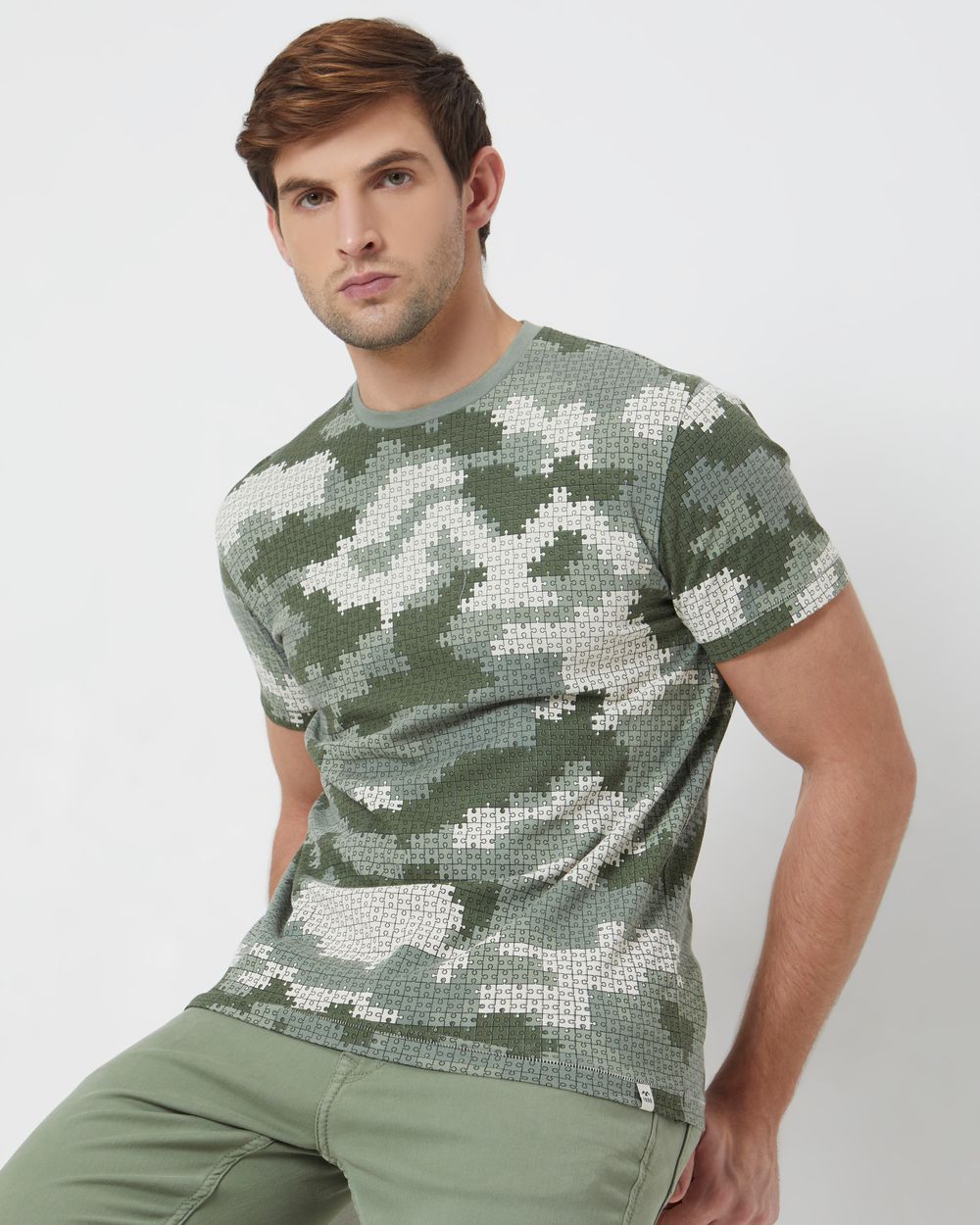 Light Olive Jigsaw camo Printslim Fit T-Shirt