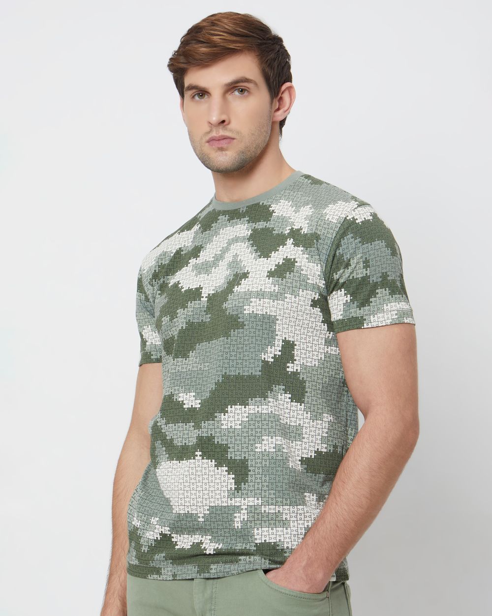 Light Olive Jigsaw camo Printslim Fit T-Shirt