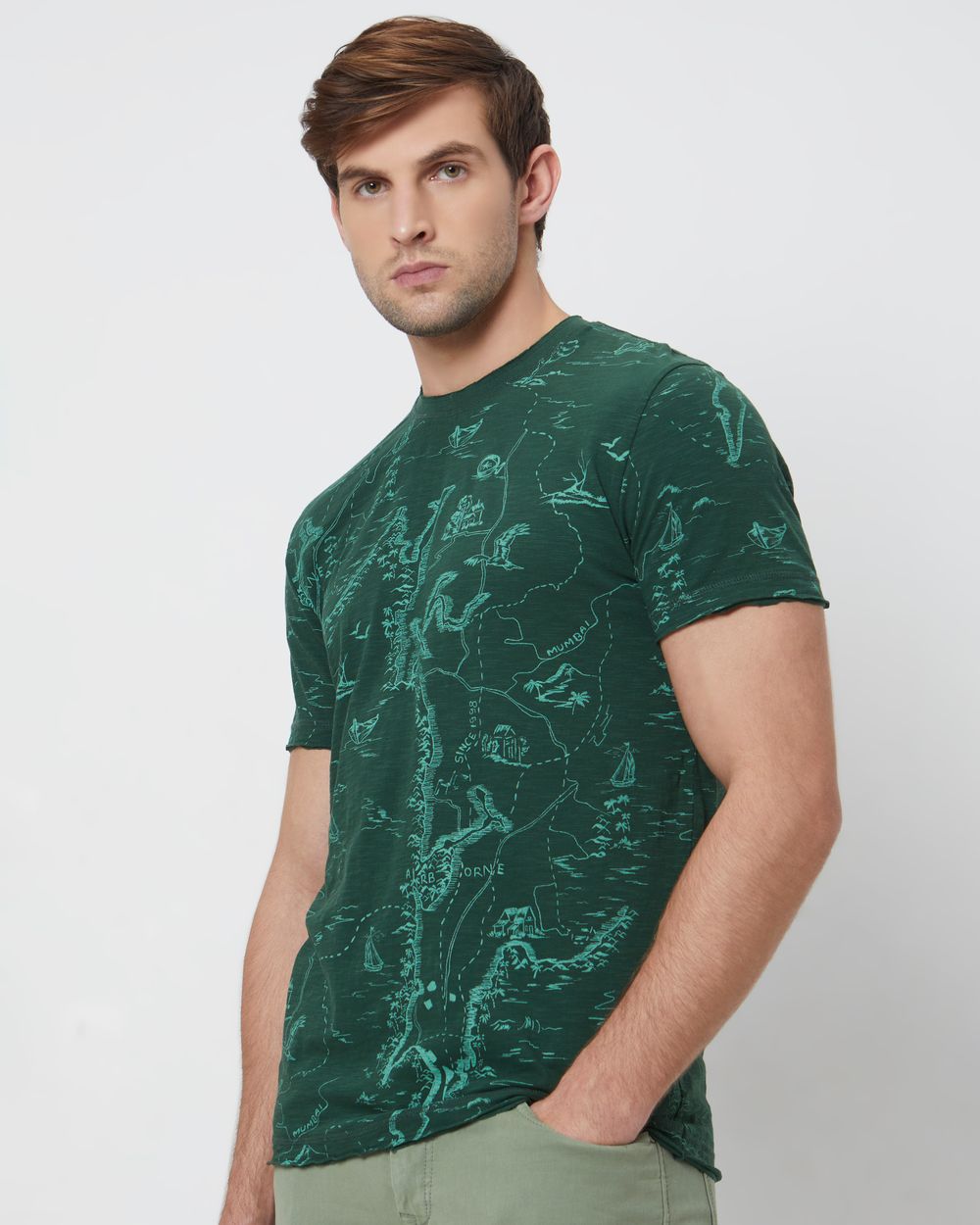 Green Map Print Slim Fit Jersey T-Shirt