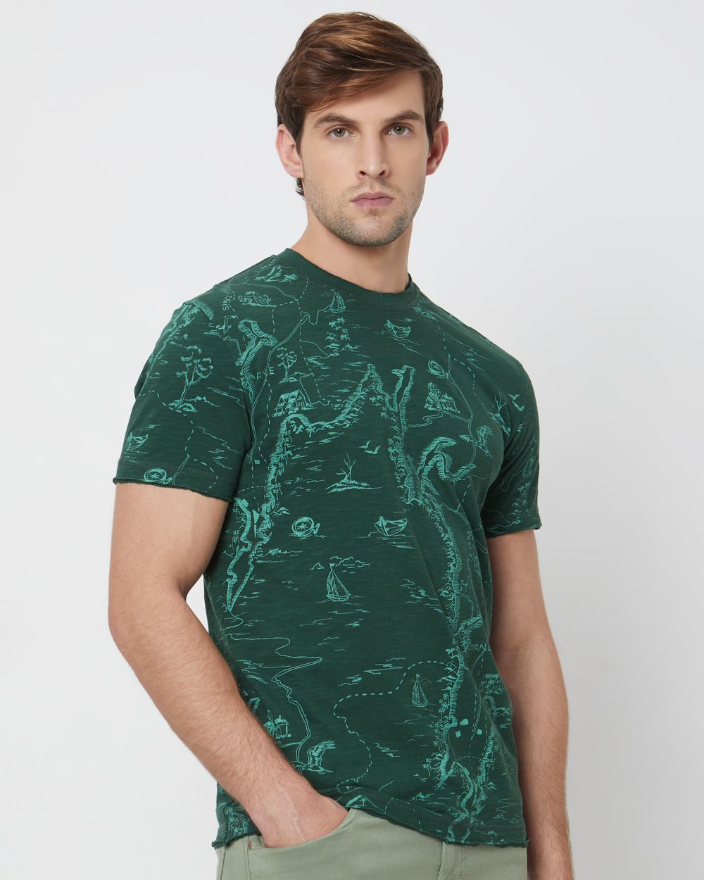 Green Map Print Slim Fit Jersey T-Shirt
