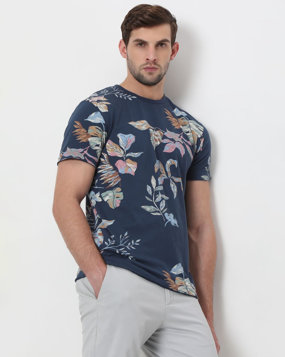 Navy Leaf Print Slim Fit T-Shirt