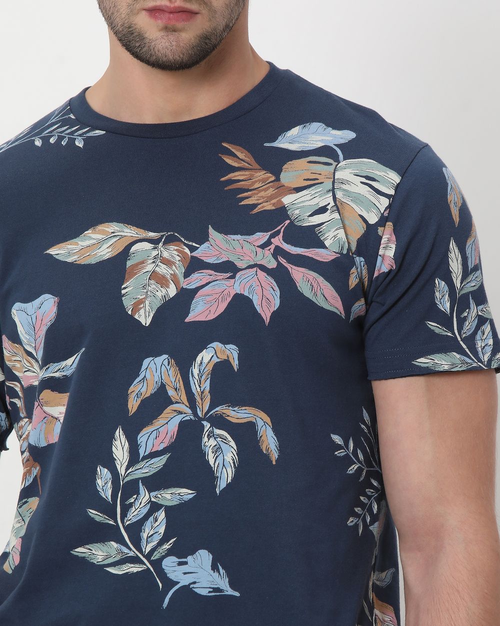 Navy Leaf Print Slim Fit T-Shirt