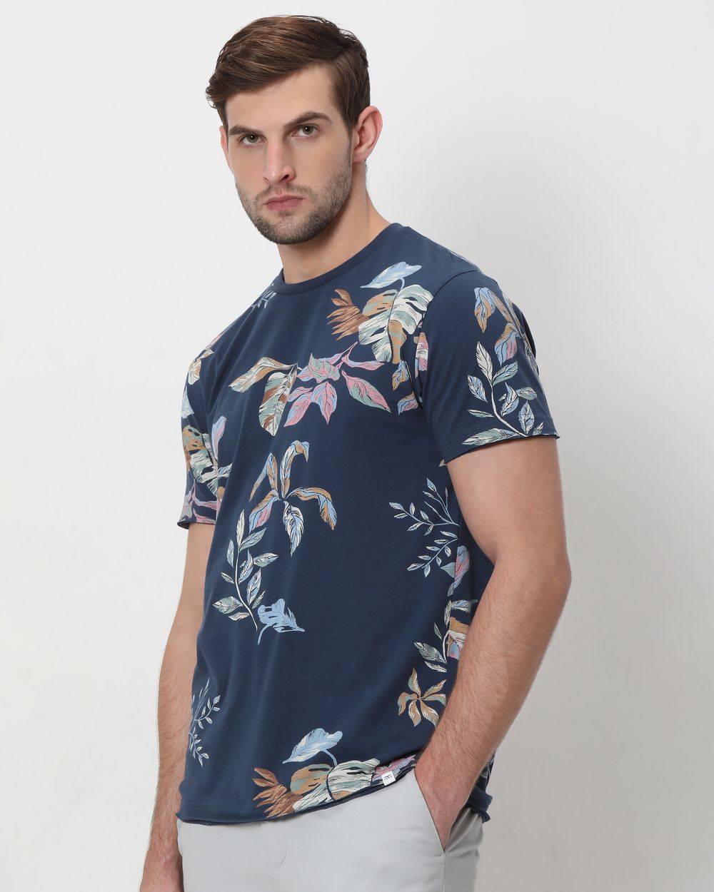 Navy Leaf Print Slim Fit T-Shirt