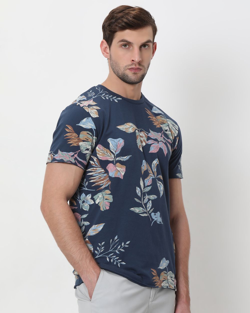 Navy Leaf Print Slim Fit T-Shirt