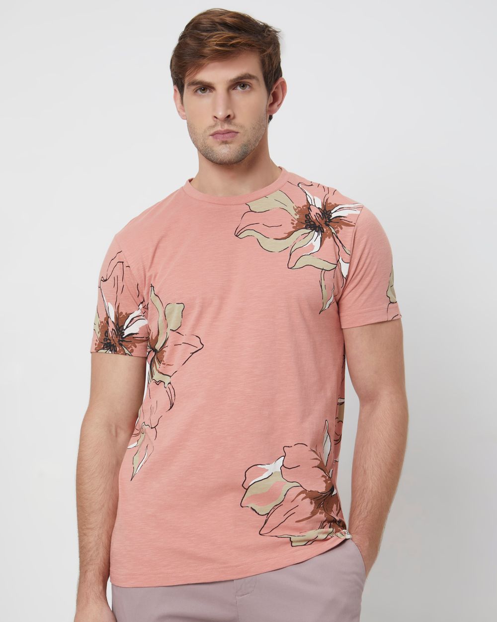 Pink Floral Print Slim Fit T-Shirt