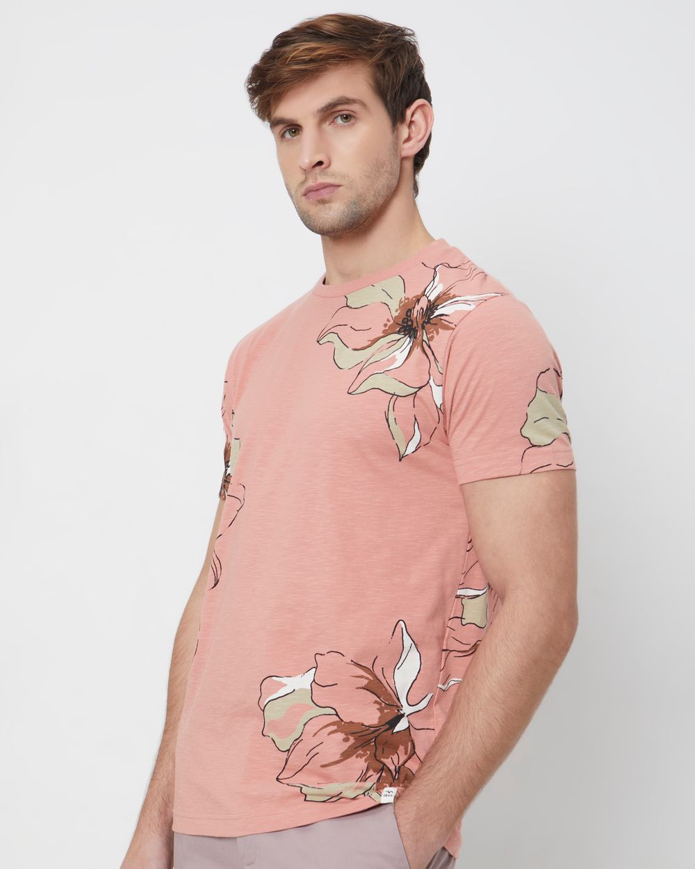 Pink Floral Print Slim Fit T-Shirt