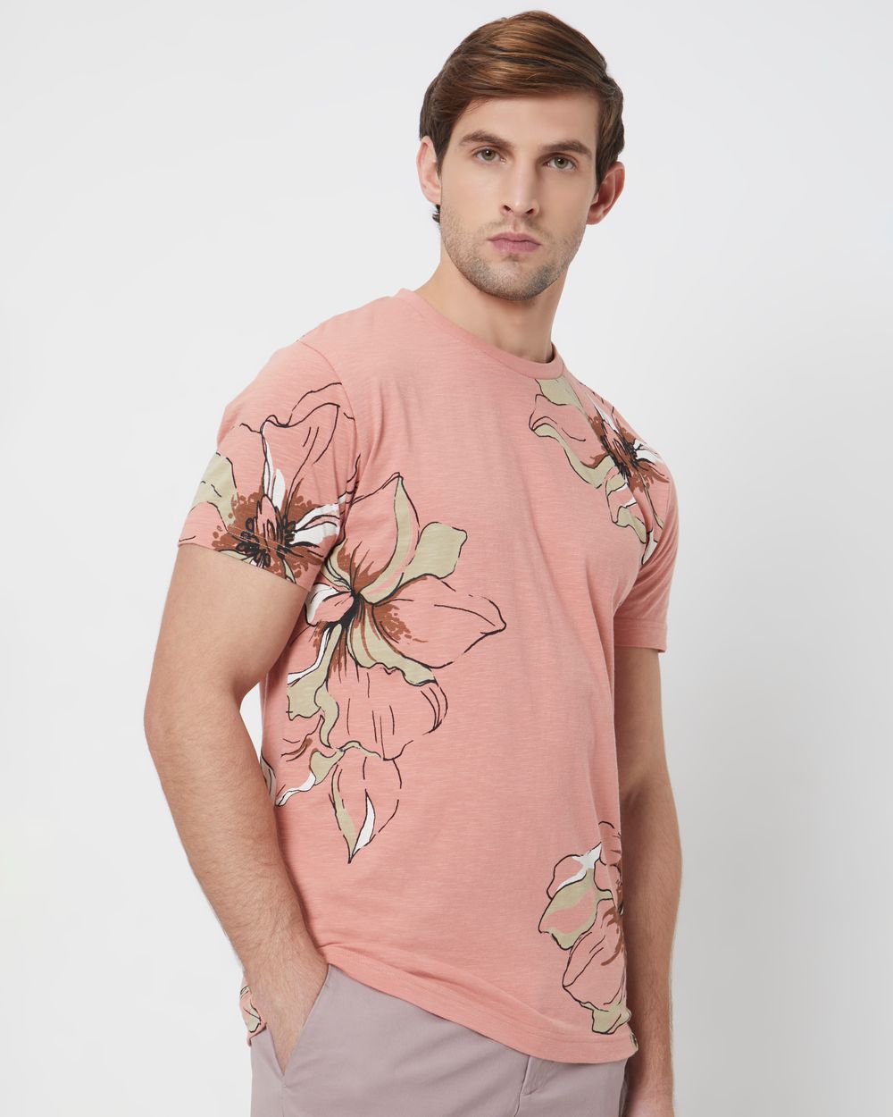 Pink Floral Print Slim Fit T-Shirt