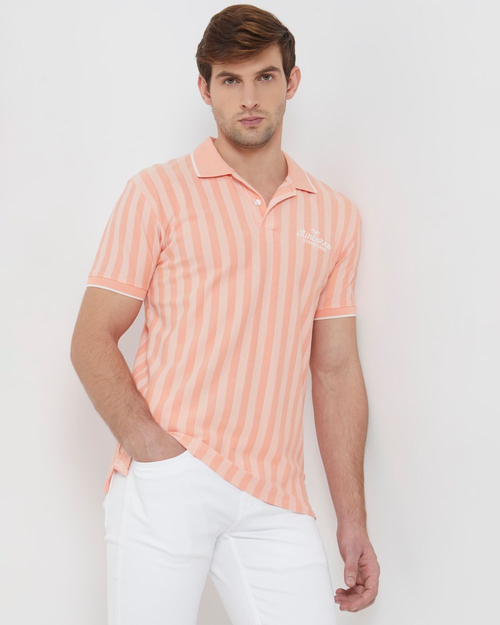 Peach Textured Stripe Slim Fit Polo T-Shirt