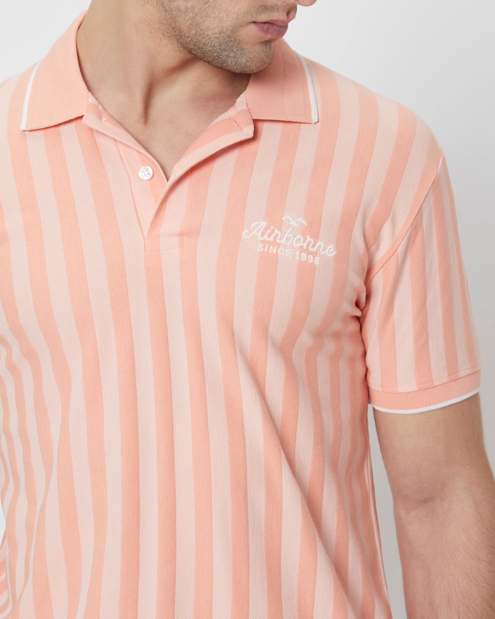 Peach Textured Stripe Slim Fit Polo T-Shirt