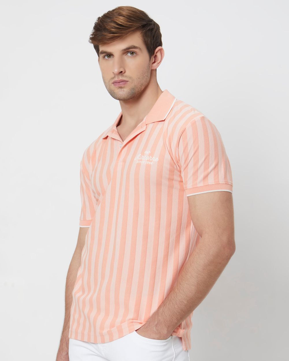 Peach Textured Stripe Slim Fit Polo T-Shirt