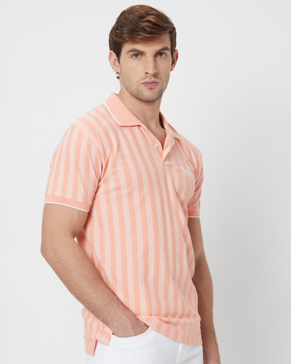 Peach Textured Stripe Slim Fit Polo T-Shirt