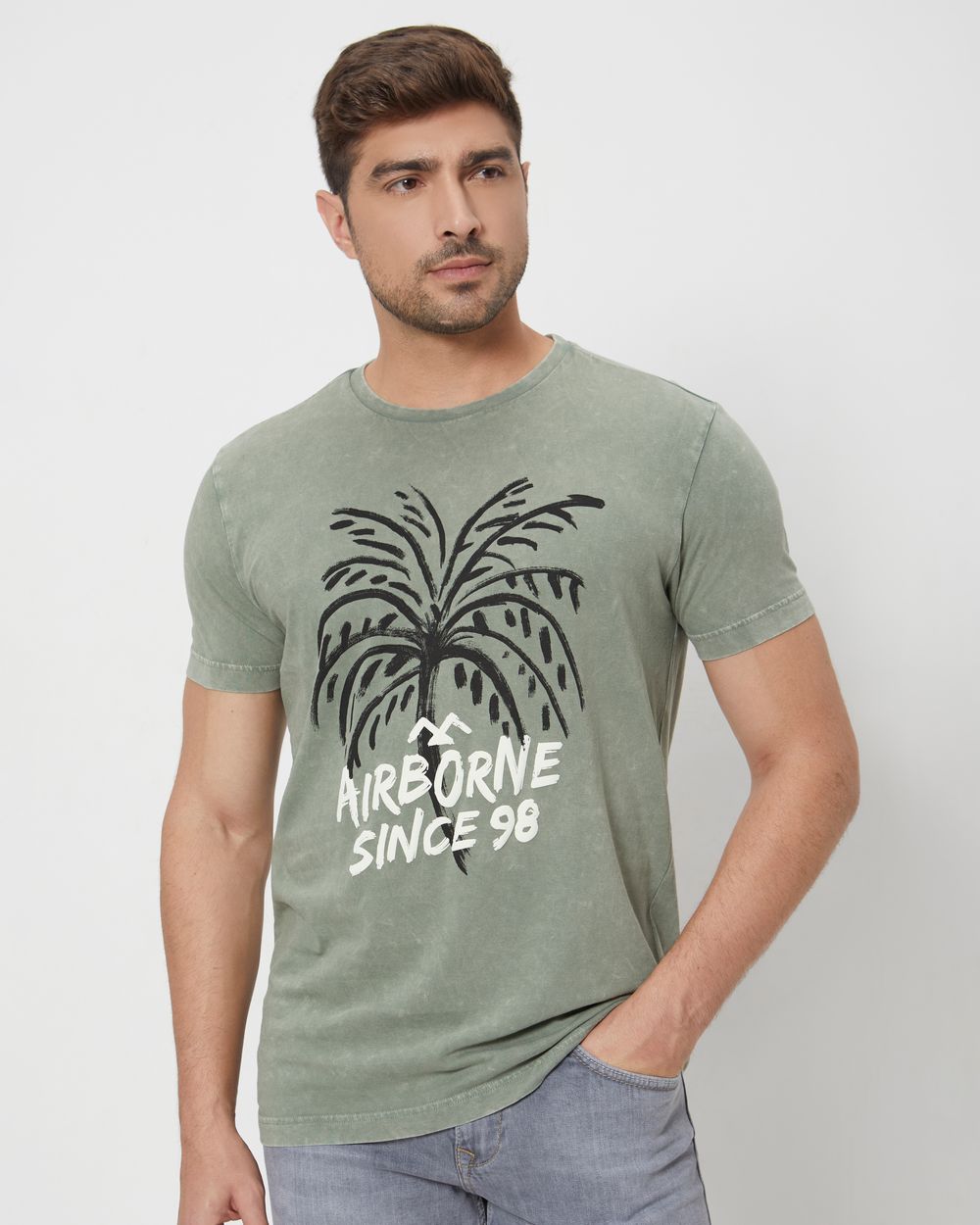 Light Olive Graphic Print Slim Fit Jersey T-Shirt