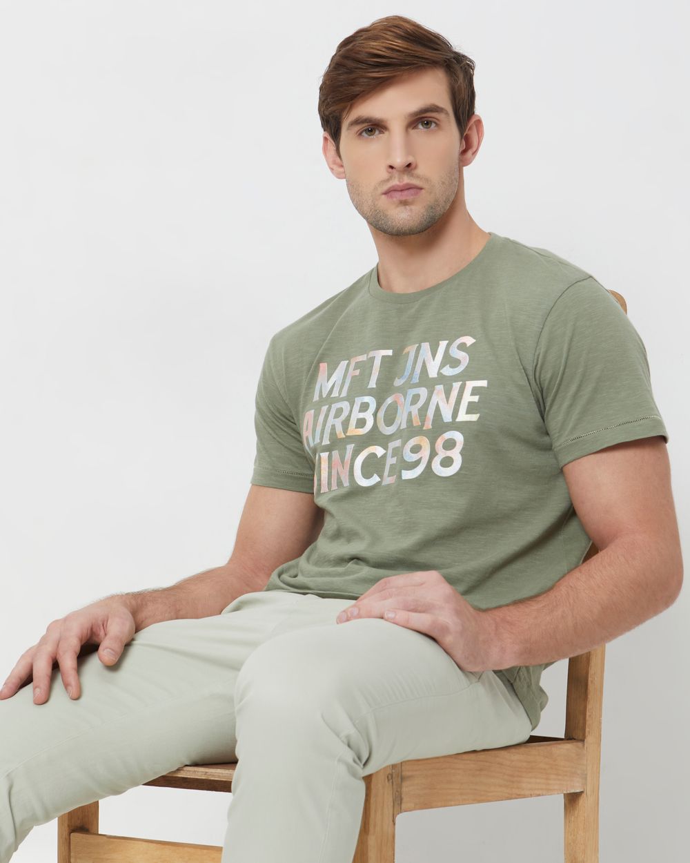 Light Olive Graphic Plain Slim Fit T-Shirt