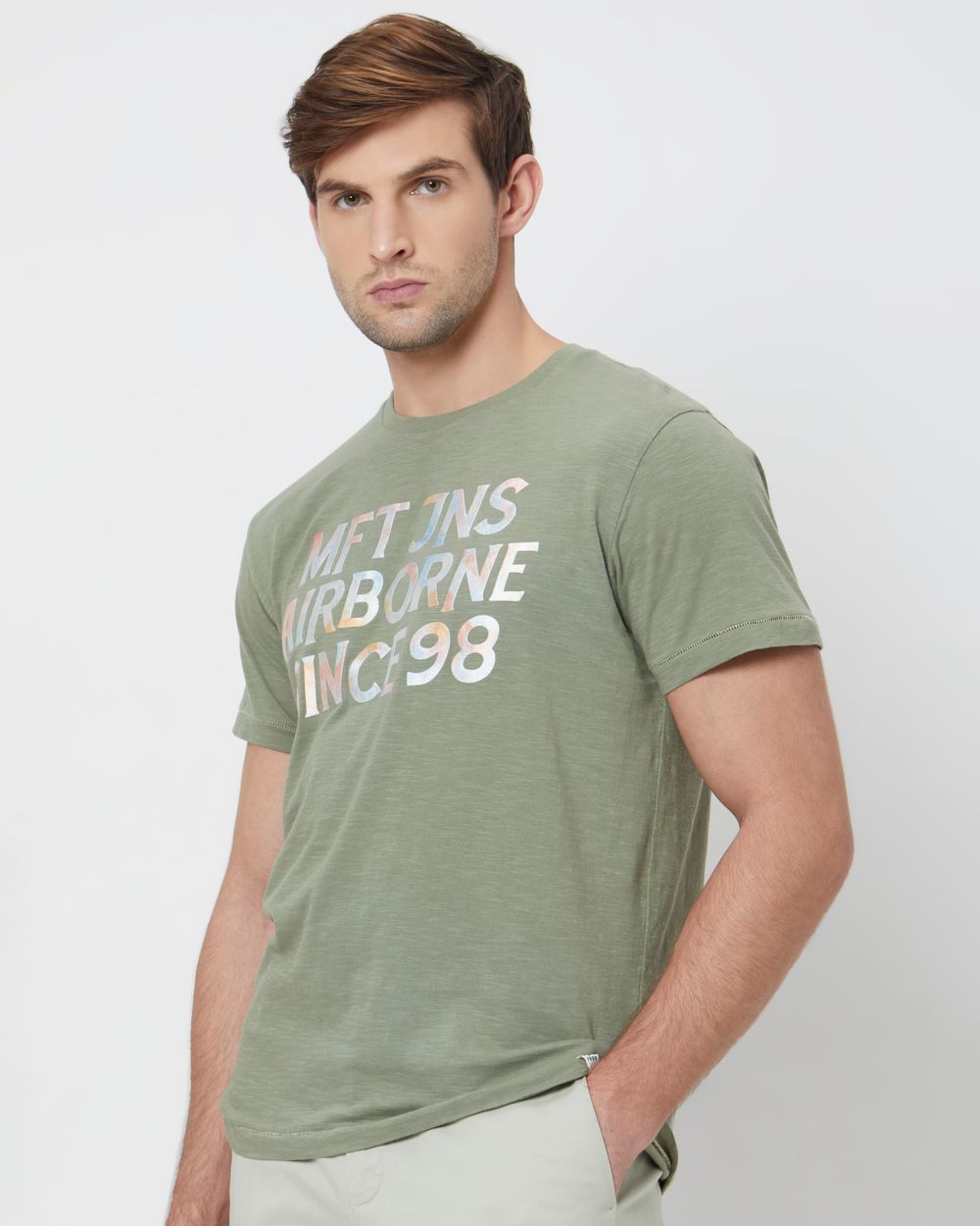 Light Olive Graphic Plain Slim Fit T-Shirt