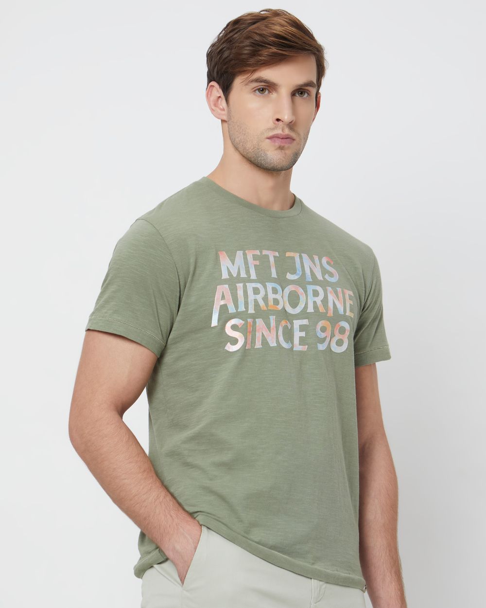 Light Olive Graphic Plain Slim Fit T-Shirt