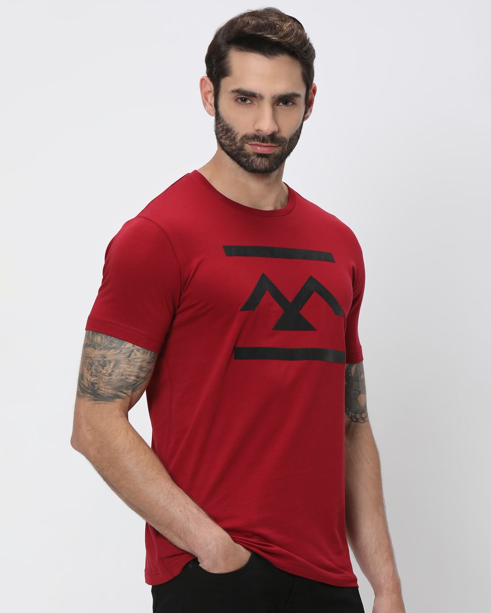 Maroon Textured Logo Slim Fit Graphic Tee