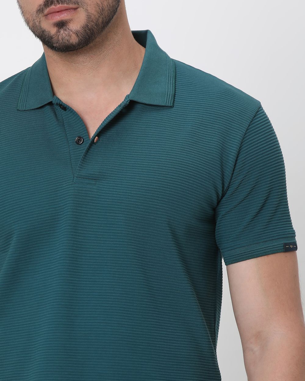 Teal Textured Plain Slim Fit Polo