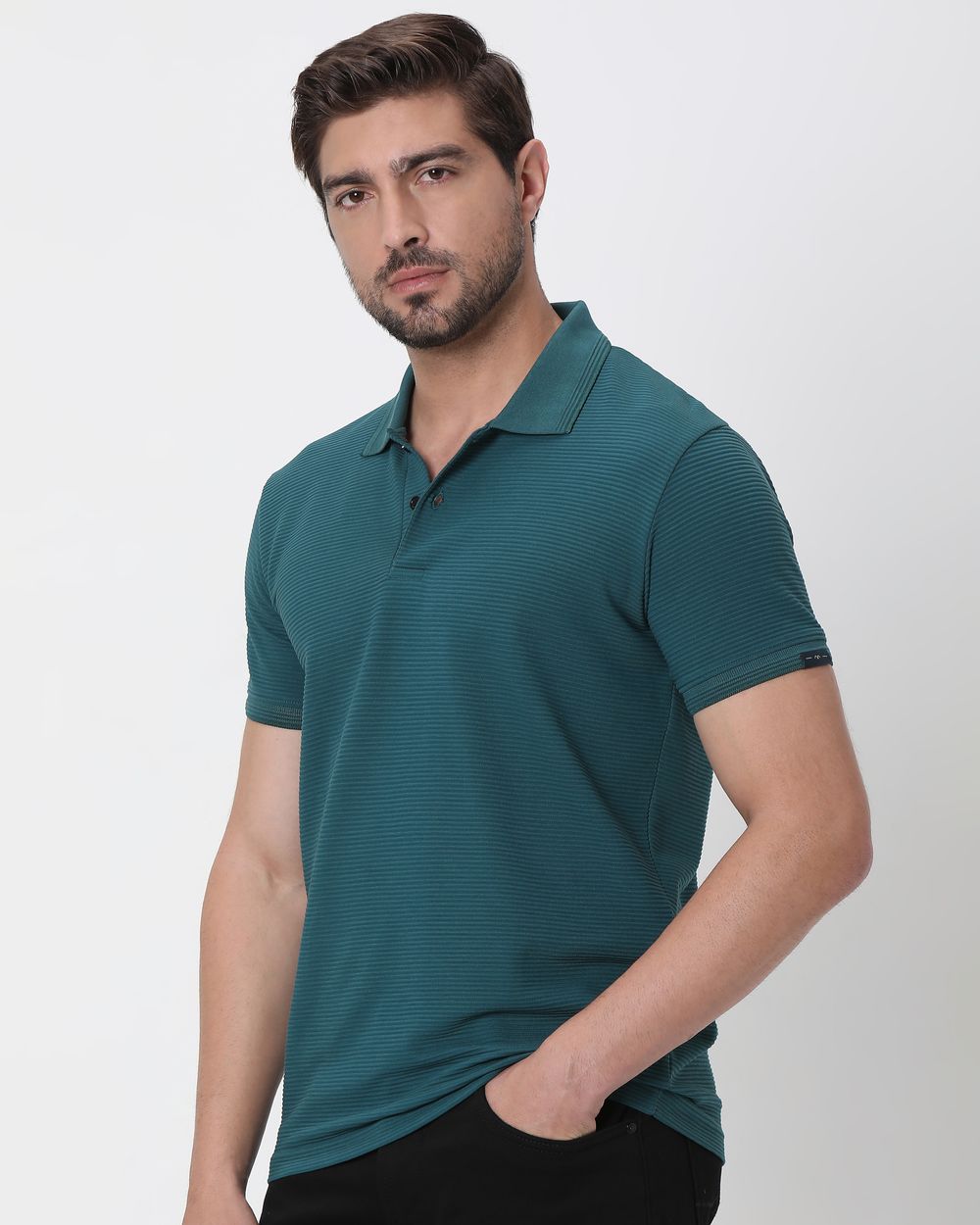 Teal Textured Plain Slim Fit Polo