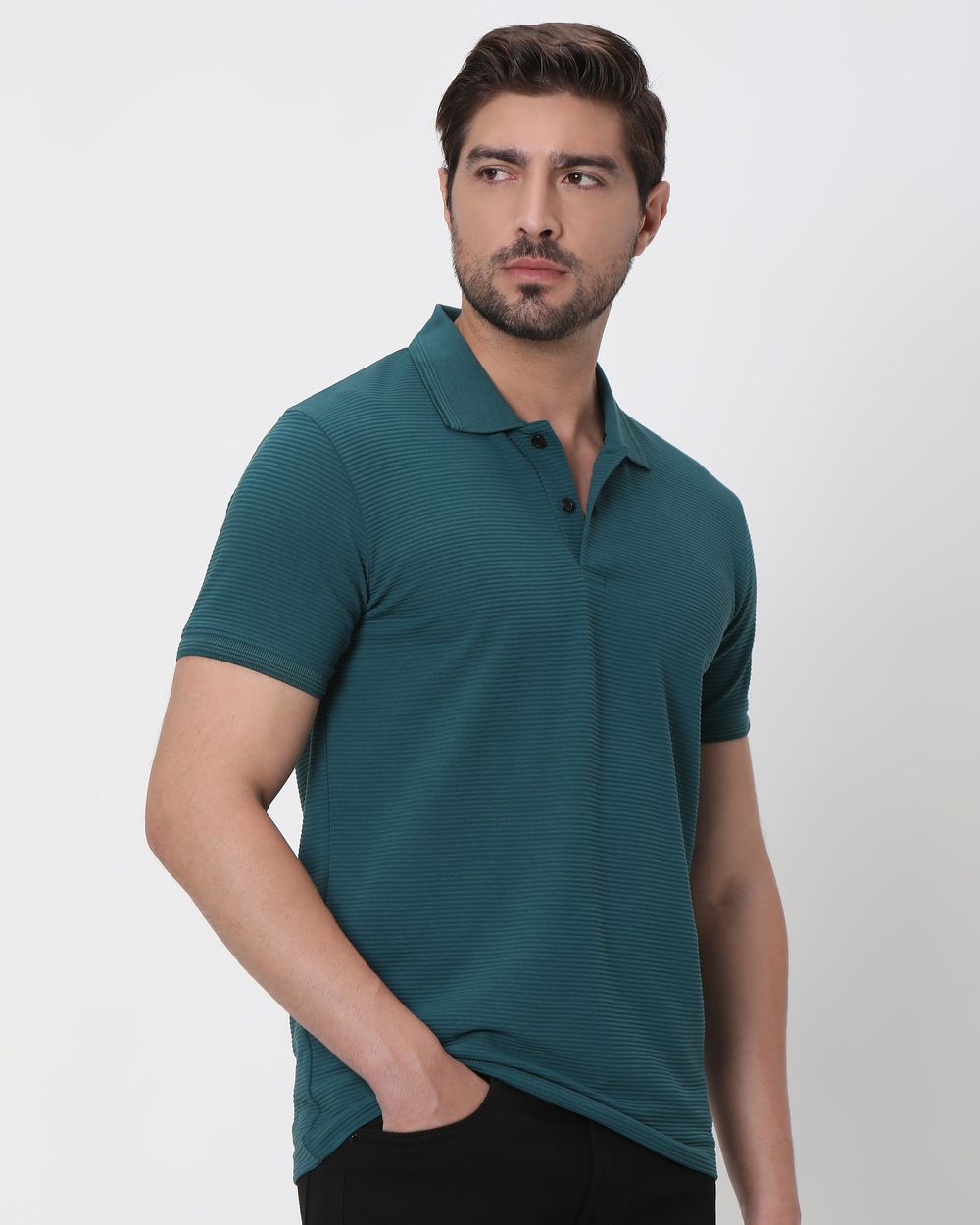 Teal Textured Plain Slim Fit Polo