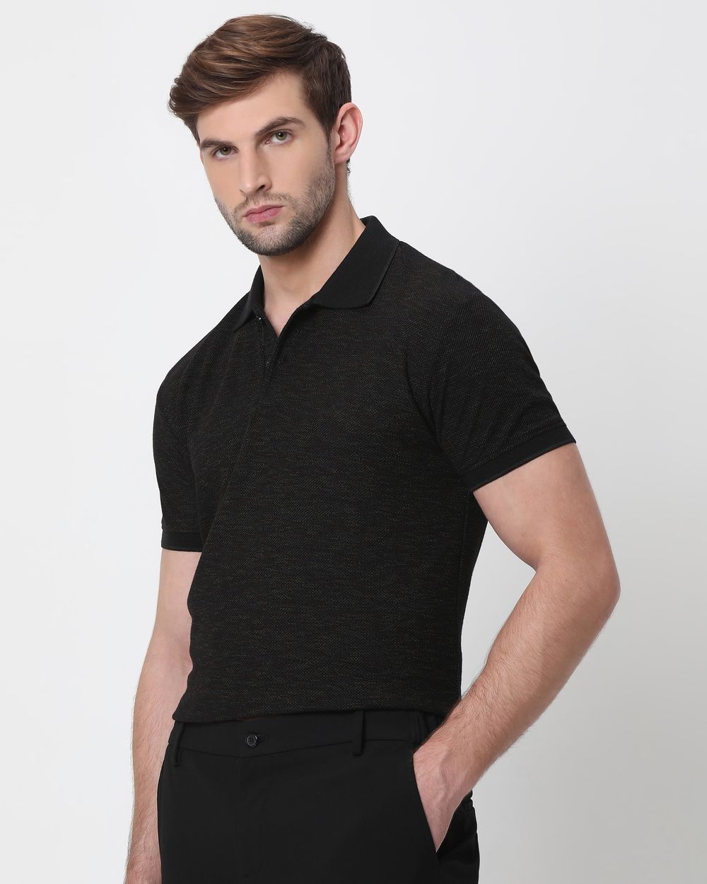 Black Space-Dyed Plain Slim Fit Polo T-Shirt