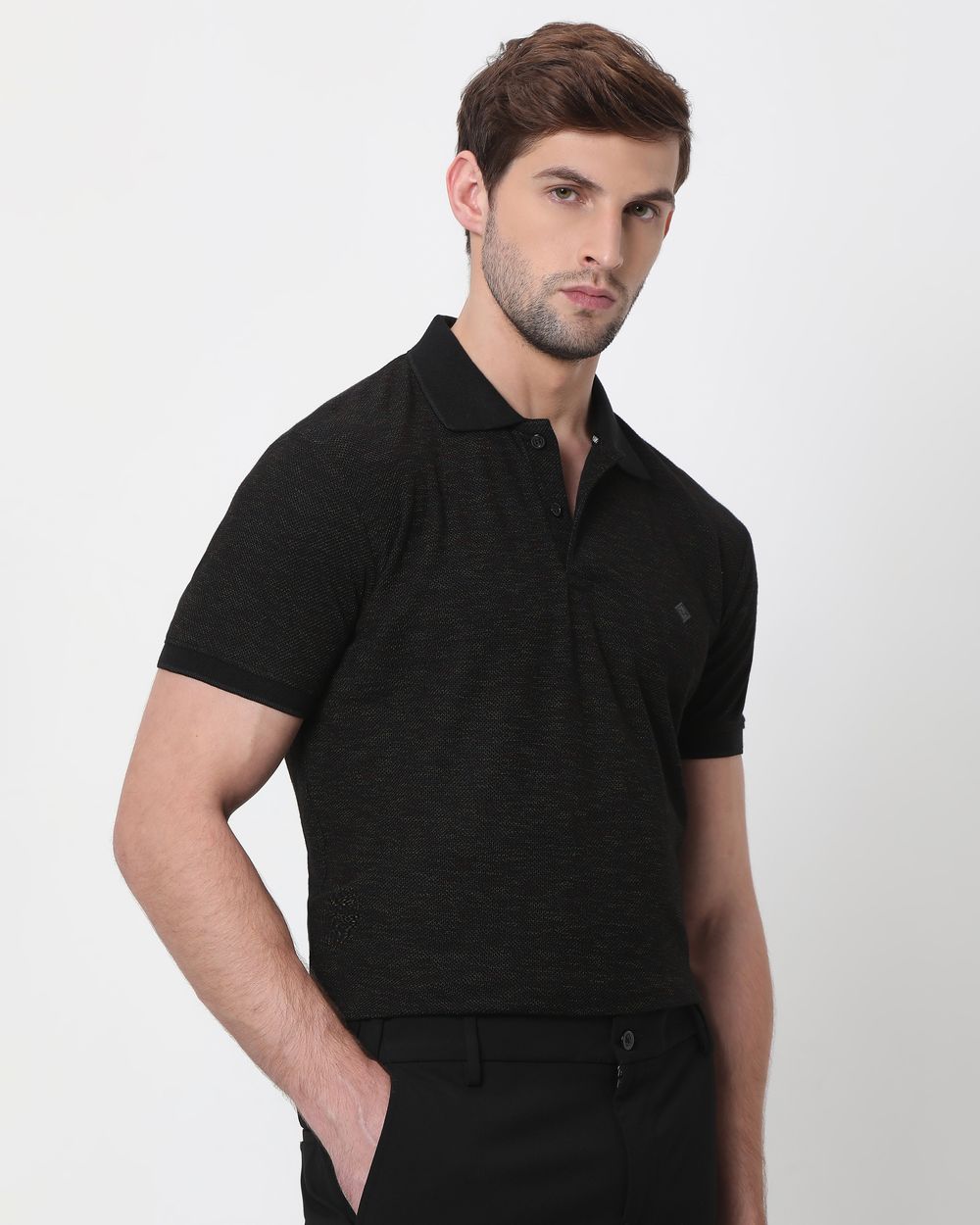 Black Space-Dyed Plain Slim Fit Polo T-Shirt