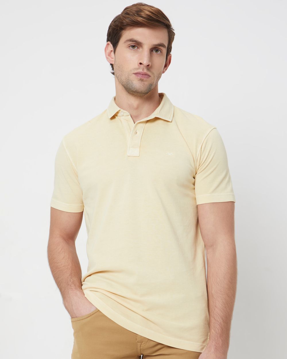 Beige Textured Plain Slim Fit Polo T-Shirt