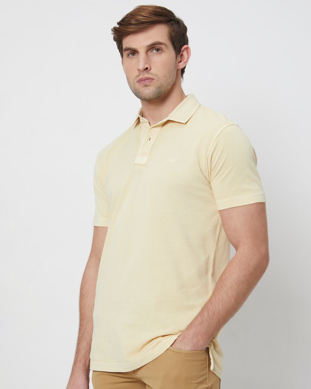 Beige Textured Plain Slim Fit Polo T-Shirt