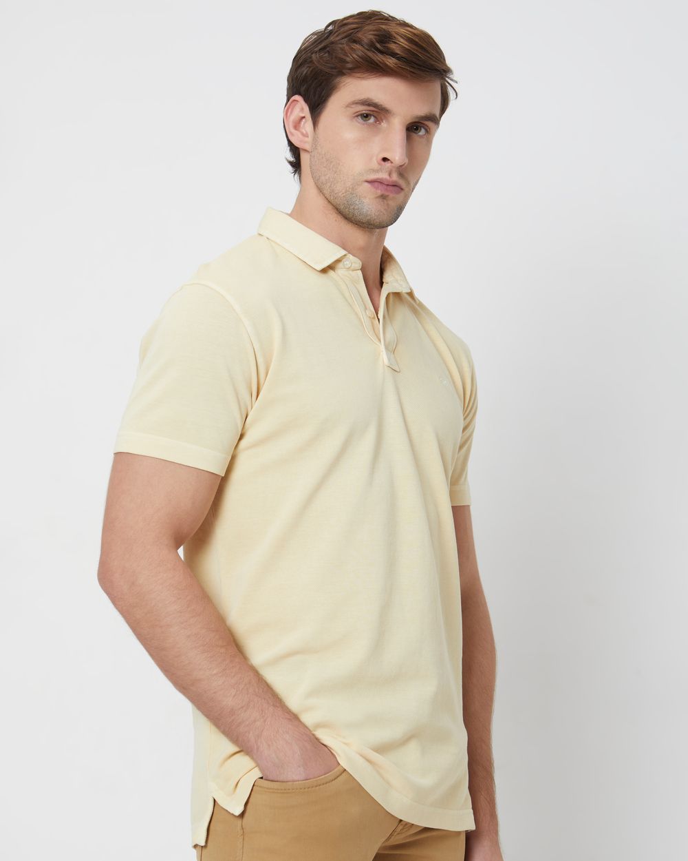 Beige Textured Plain Slim Fit Polo T-Shirt