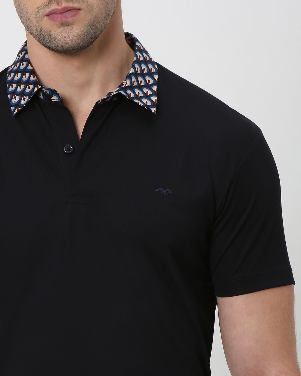 Navy Printed Collar Slim Fit Polo