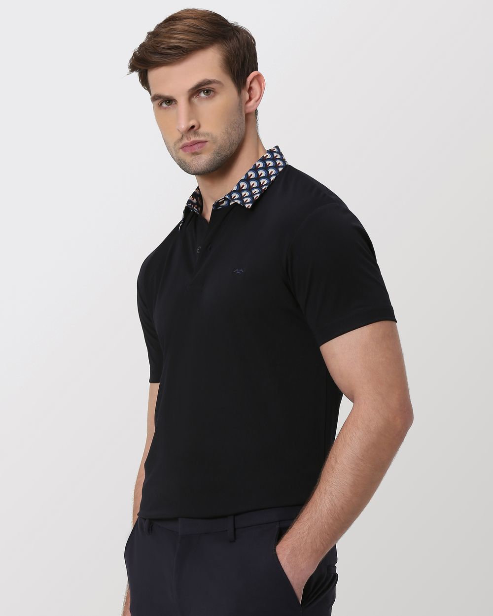 Navy Printed Collar Slim Fit Polo