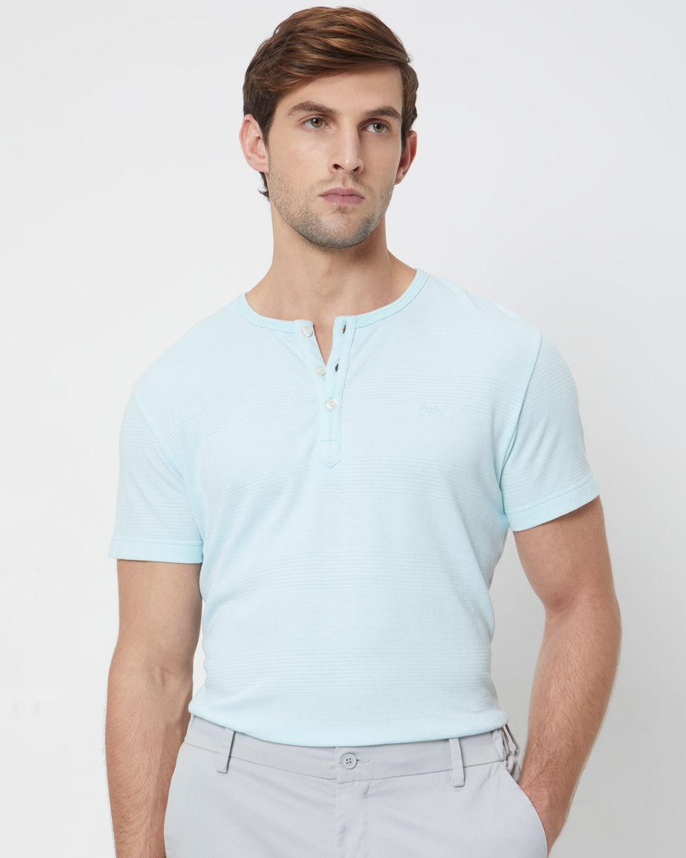 Turquoise Plain Slim Fit Henley T-Shirt