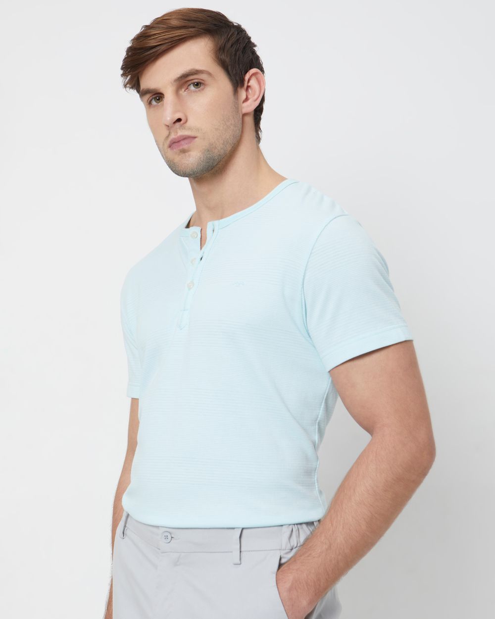 Turquoise Plain Slim Fit Henley T-Shirt