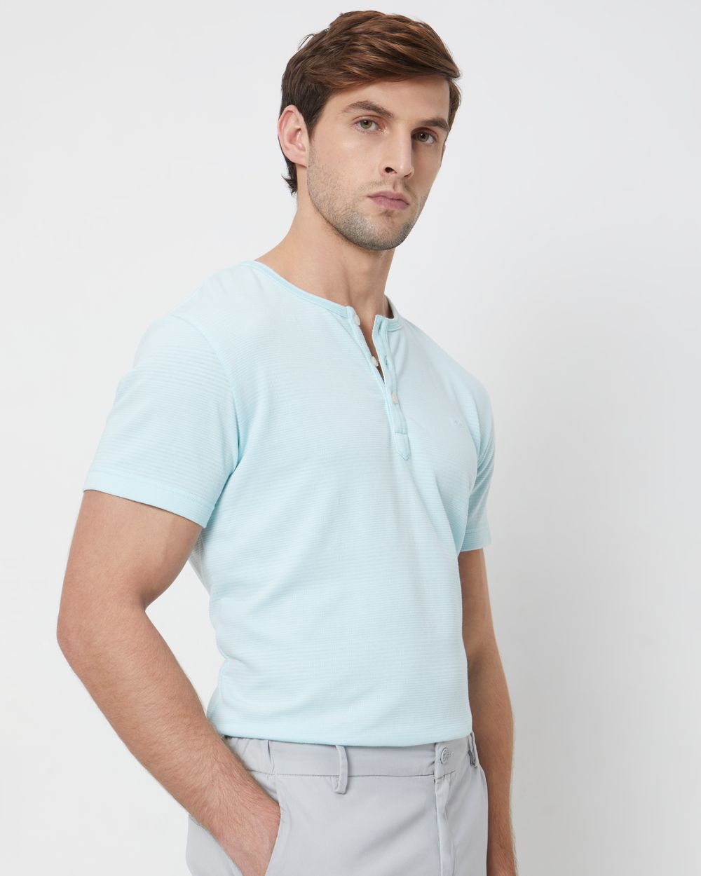 Turquoise Plain Slim Fit Henley T-Shirt