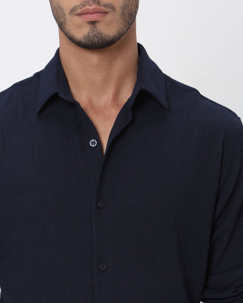 Navy Textured Plain Slim Fit Casual Shirt
