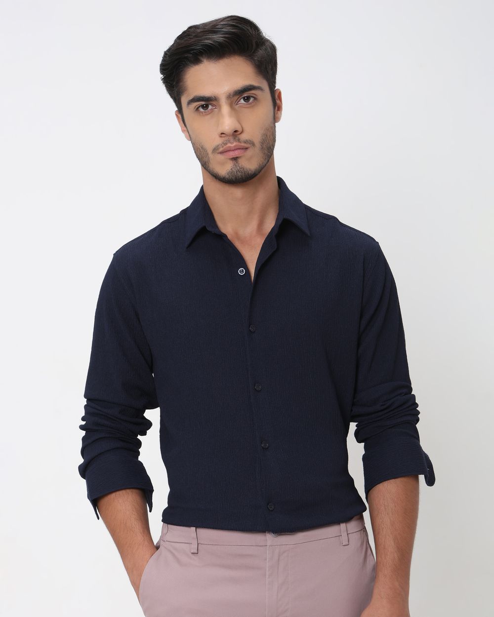 Navy Textured Plain Slim Fit Casual Shirt