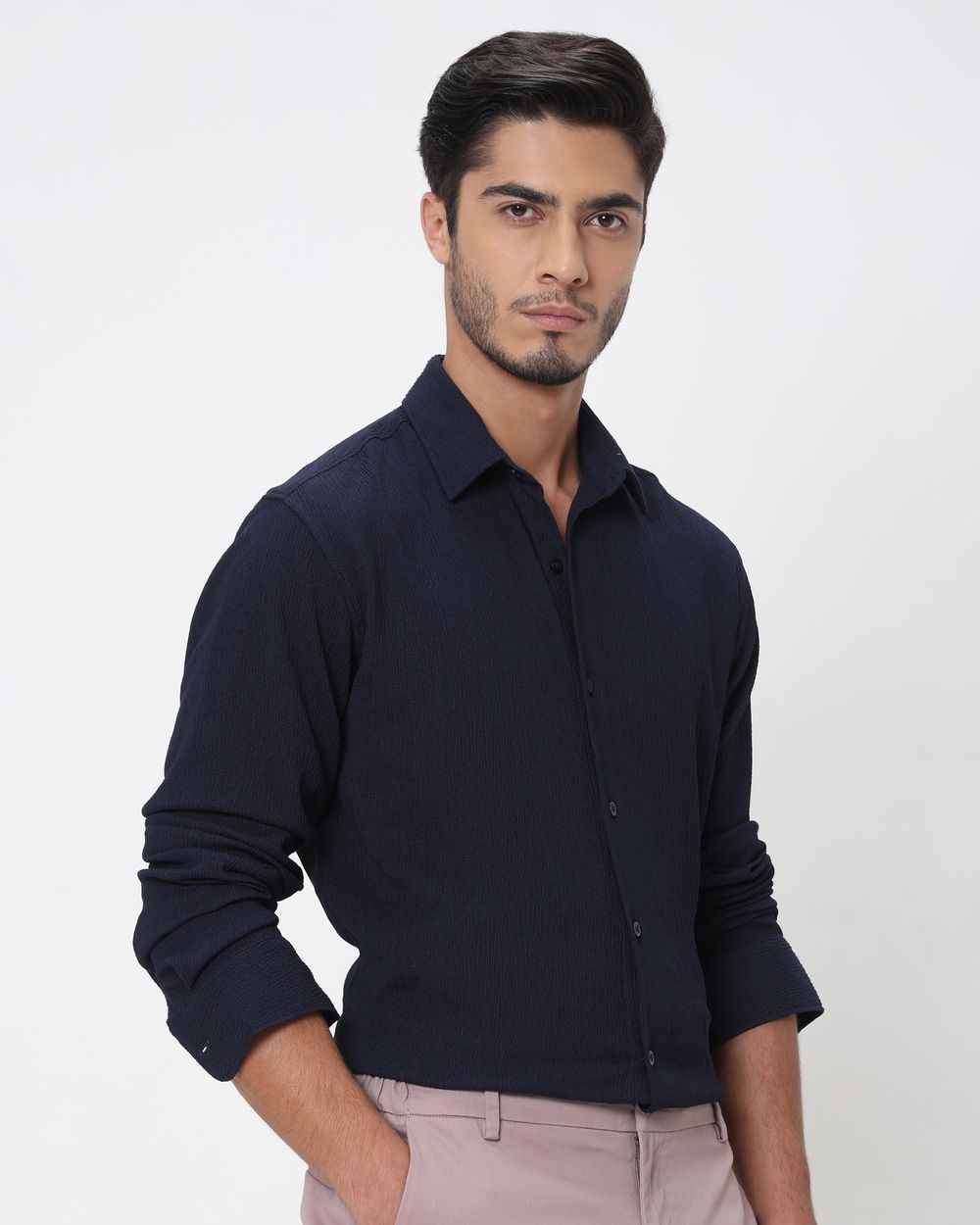 Navy Textured Plain Slim Fit Casual Shirt