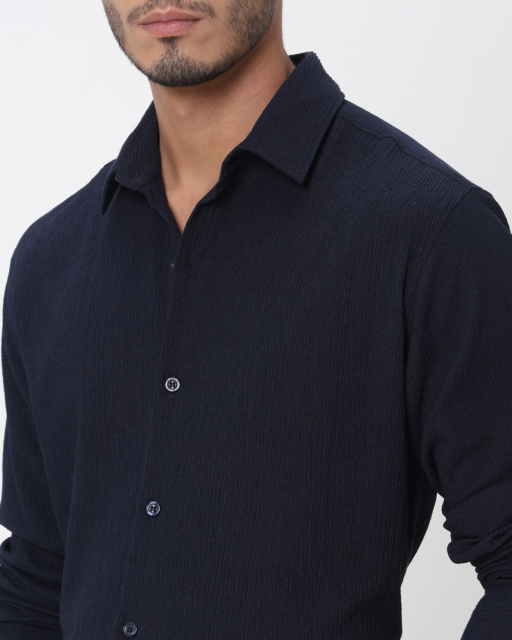Navy Textured Plain Slim Fit Casual Shirt