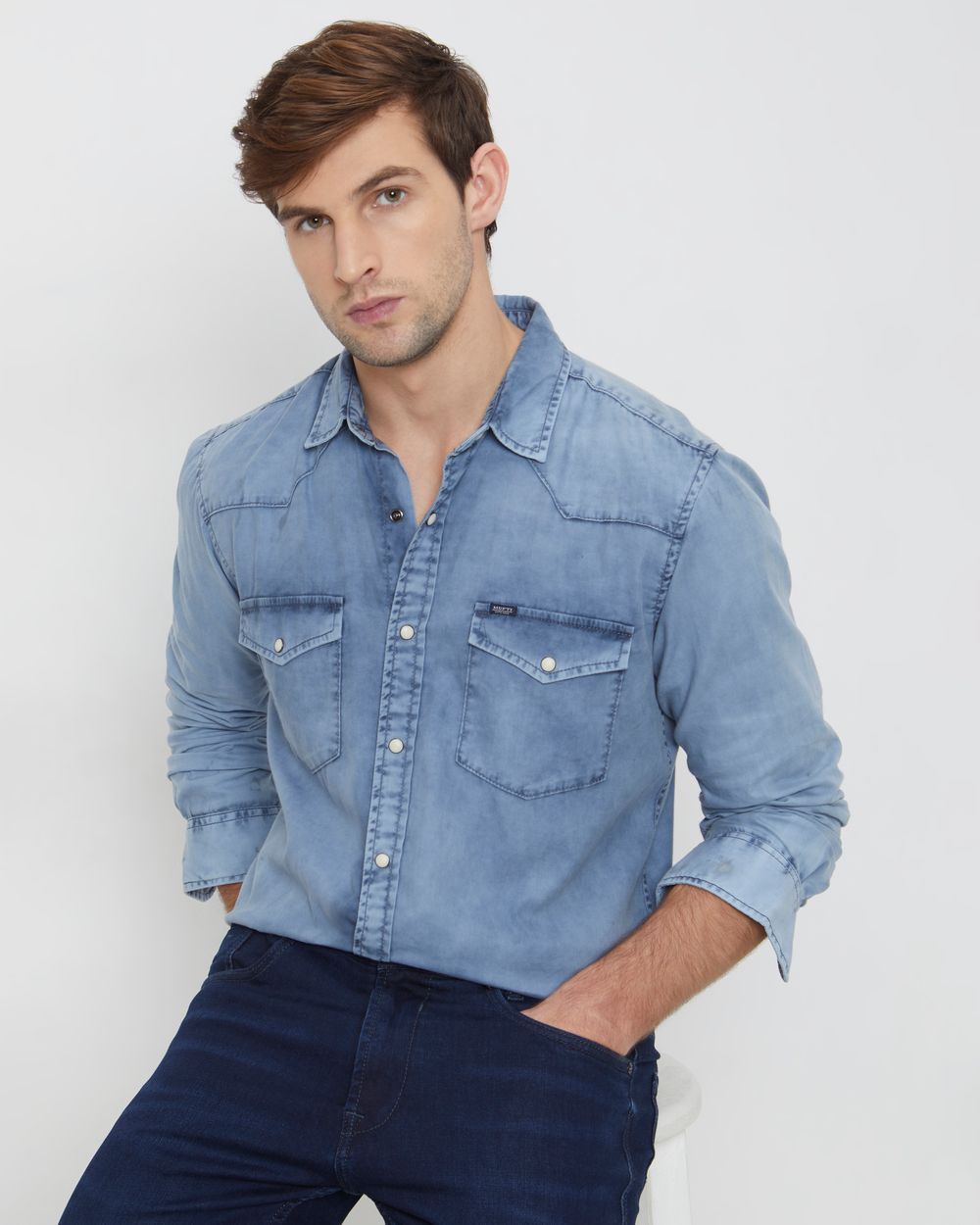 Light Blue Western Plain Slim Fit Casual Shirt