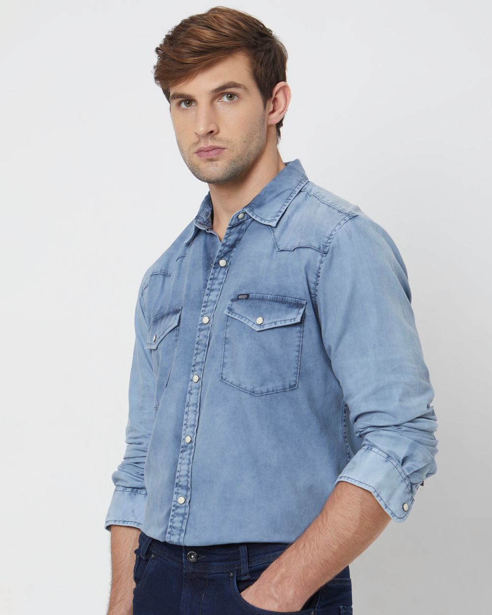 Light Blue Western Plain Slim Fit Casual Shirt