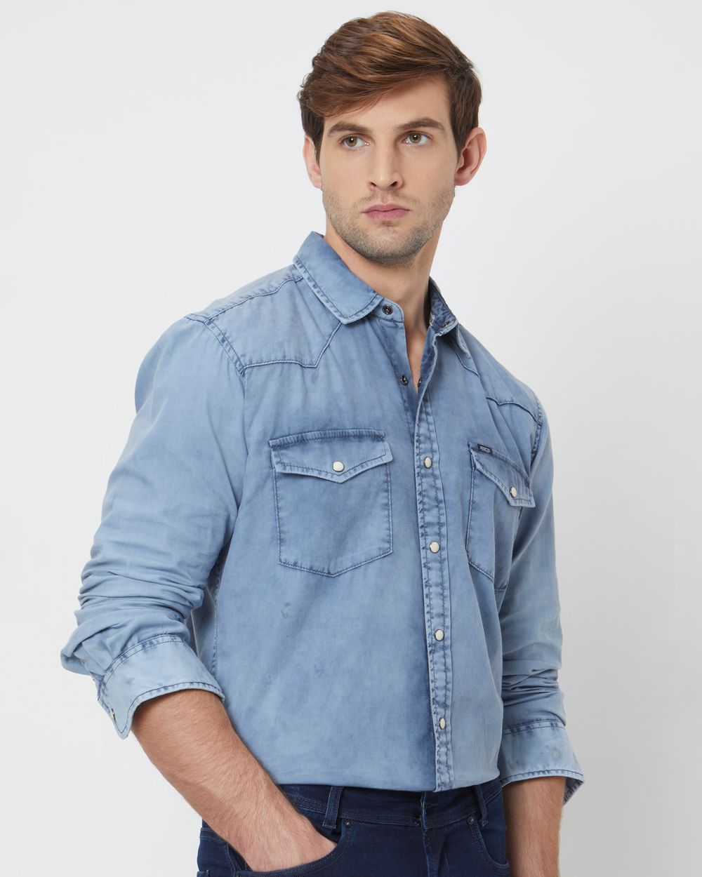 Light Blue Western Plain Slim Fit Casual Shirt