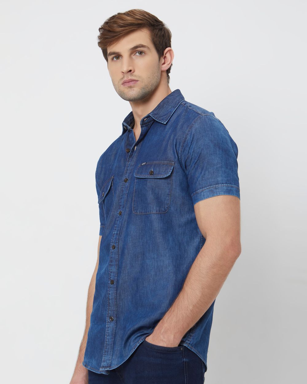 Indigo Blue Denim Plain Slim Fit Casual Shirt